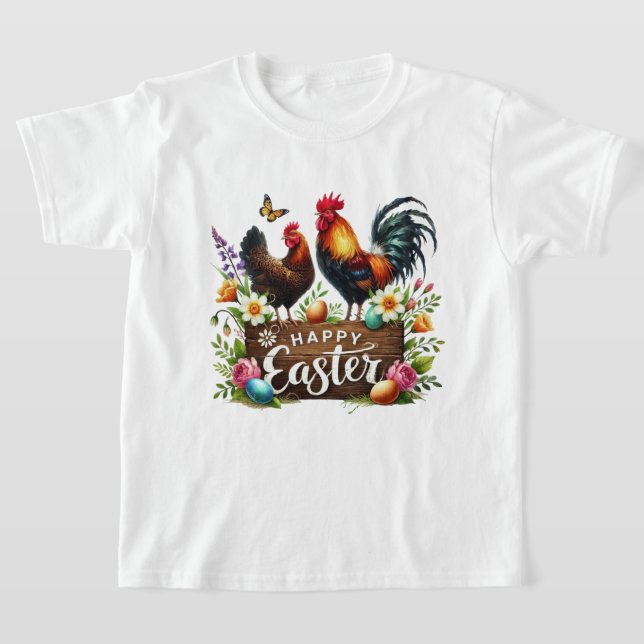 Cute Happy Easter unisex kids Rooster T-Shirt (Laydown)