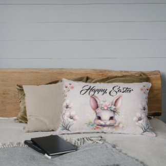 Cute Happy Easter Watercolor Bunny Lumbar Cushion