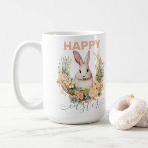 Cute Happy Easter with Bunny & Floral Wreath Coffee Mug