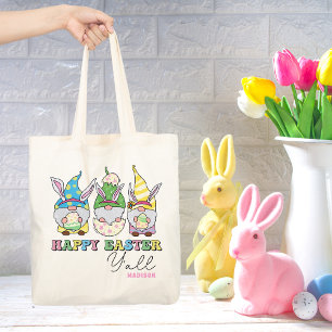 Cute Happy Easter Y'all Gnomes Personalised Name Tote Bag