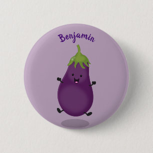 Cute happy eggplant aubergine cartoon illustration 6 cm round badge