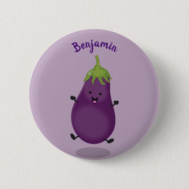 Cute happy eggplant aubergine cartoon illustration 6 cm round badge (Front)
