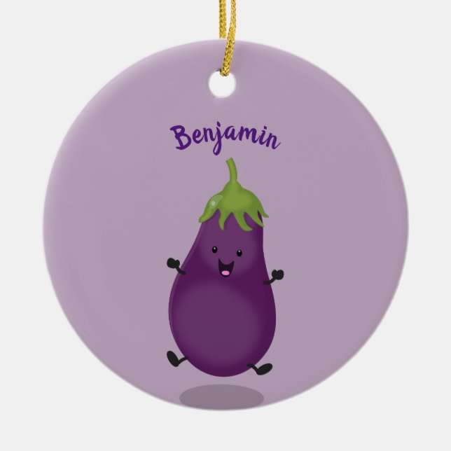 Cute happy eggplant aubergine cartoon illustration ceramic ornament (Front)