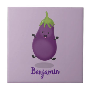 Cute happy eggplant aubergine cartoon illustration ceramic tile