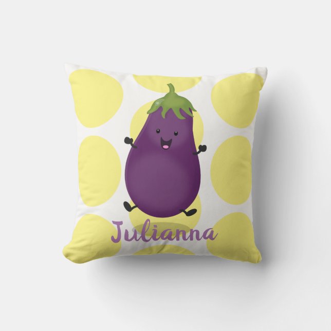 Cute happy eggplant aubergine cartoon illustration cushion (Front)