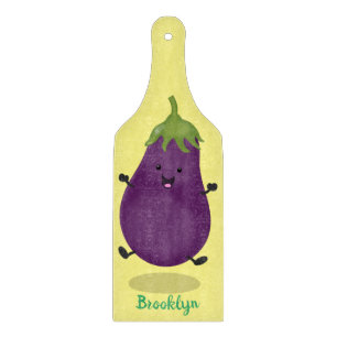 Cute happy eggplant aubergine cartoon illustration cutting board