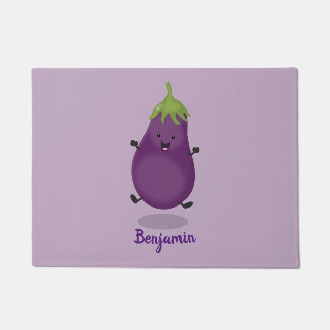 Cute happy eggplant aubergine cartoon illustration doormat (Front)