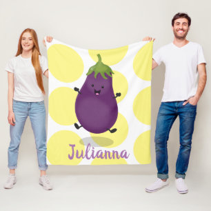 Cute happy eggplant aubergine cartoon illustration fleece blanket