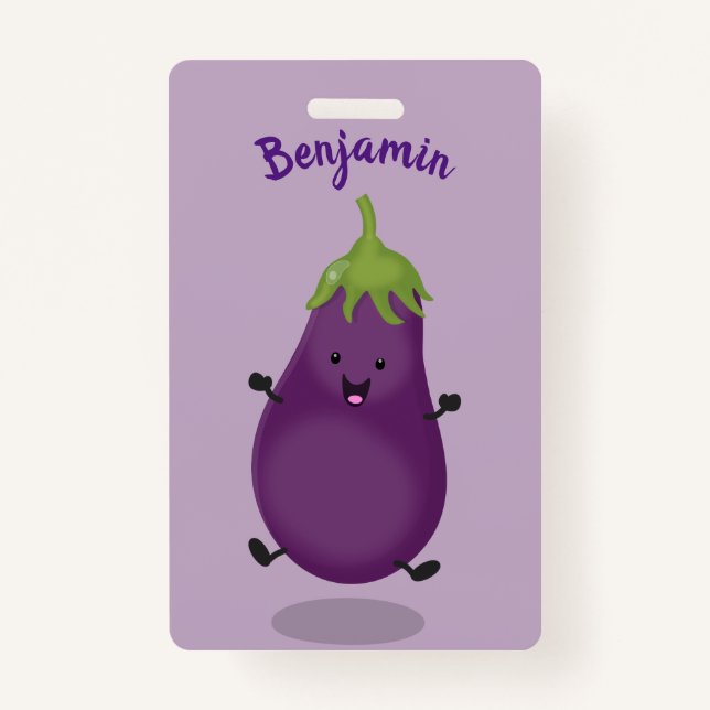 Cute happy eggplant aubergine cartoon illustration ID badge (Front)