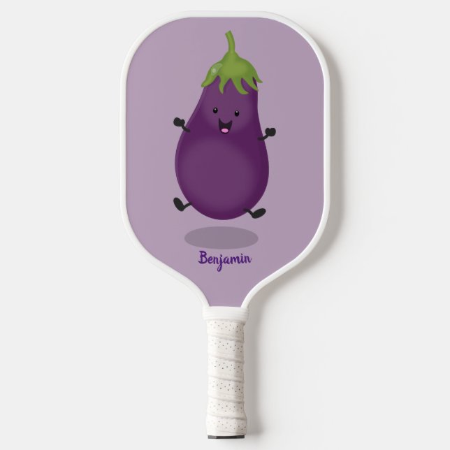 Cute happy eggplant aubergine cartoon illustration pickleball paddle (Front)