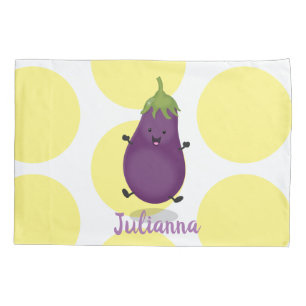 Cute happy eggplant aubergine cartoon illustration pillowcase