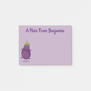 Cute happy eggplant aubergine cartoon illustration post-it notes