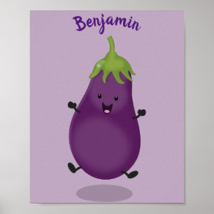 Cute happy eggplant aubergine cartoon illustration poster