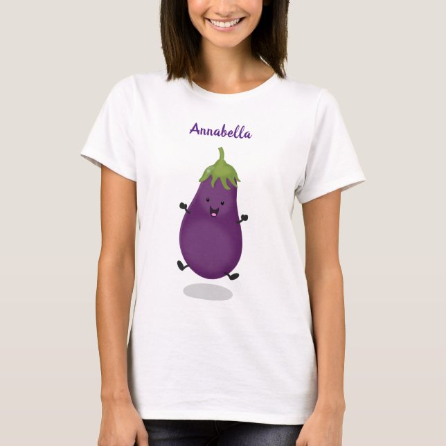 Cute happy eggplant aubergine cartoon illustration T-Shirt (Front)
