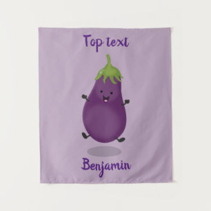 Cute happy eggplant aubergine cartoon illustration tapestry