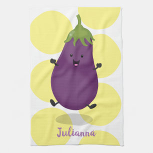 Cute happy eggplant aubergine cartoon illustration tea towel