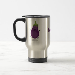 Cute happy eggplant aubergine cartoon illustration travel mug