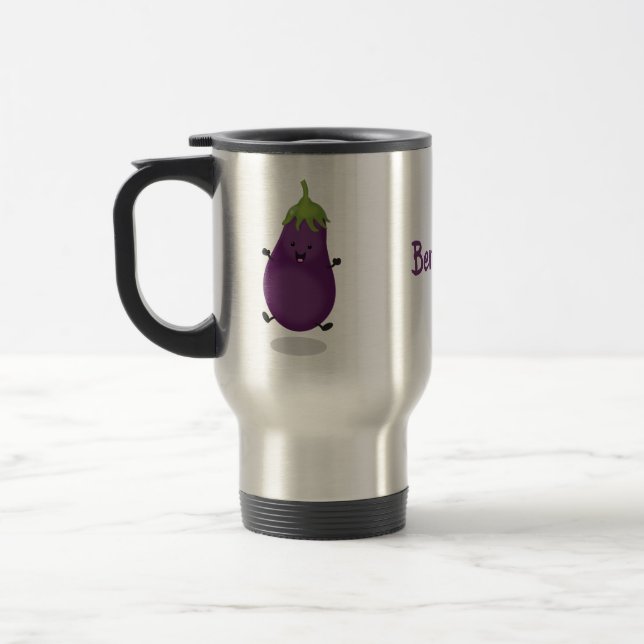 Cute happy eggplant aubergine cartoon illustration travel mug (Left)