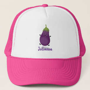 Cute happy eggplant aubergine cartoon illustration trucker hat