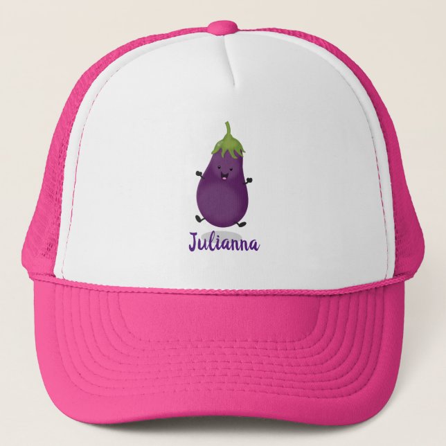 Cute happy eggplant aubergine cartoon illustration trucker hat (Front)