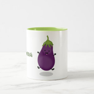 Cute happy eggplant cartoon illustration Two-Tone coffee mug