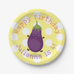 Cute happy eggplant personalised cartoon birthday paper plate