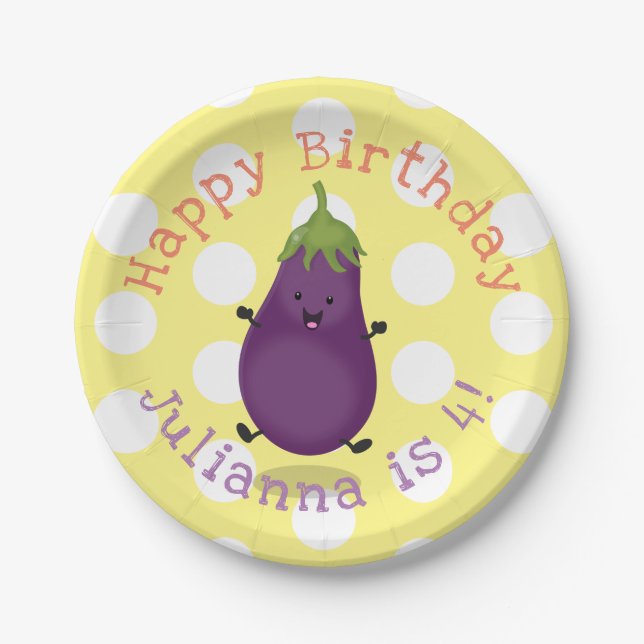 Cute happy eggplant personalised cartoon birthday paper plate (Front)