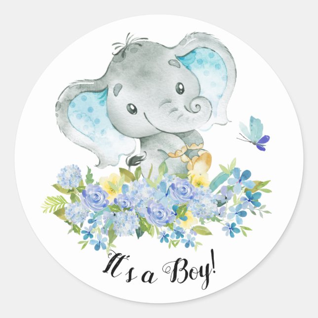 Cute Happy Elephant It' a Boy Favour Sticker (Front)