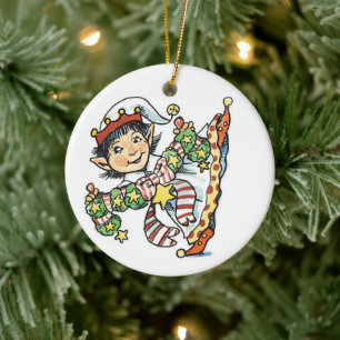 Cute Happy Elf Dancing, Retro Christmas Cartoon Ceramic Ornament
