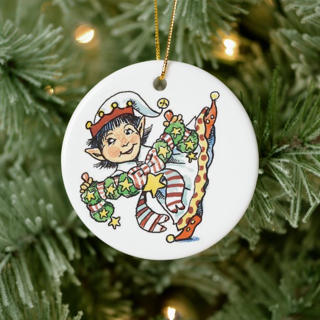 Cute Happy Elf Dancing, Retro Christmas Cartoon Ceramic Ornament (Tree)