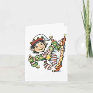 Cute Happy Elf Dancing, Retro Christmas Cartoon Holiday Card