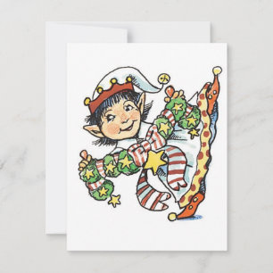 Cute Happy Elf Dancing, Retro Christmas Cartoon Holiday Card