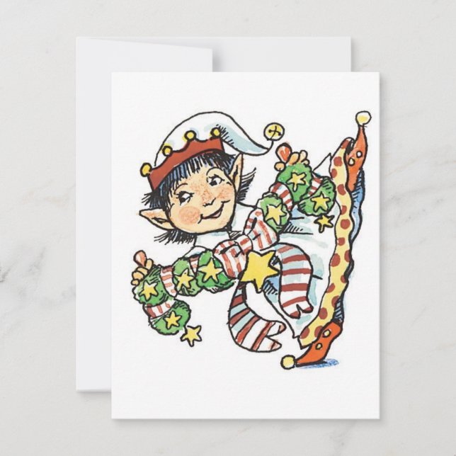 Cute Happy Elf Dancing, Retro Christmas Cartoon Holiday Card (Front)