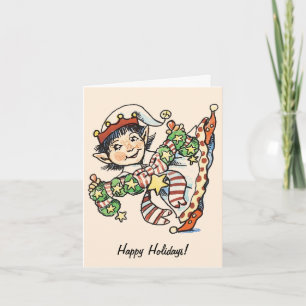 Cute Happy Elf Dancing, Retro Christmas Cartoon Holiday Card
