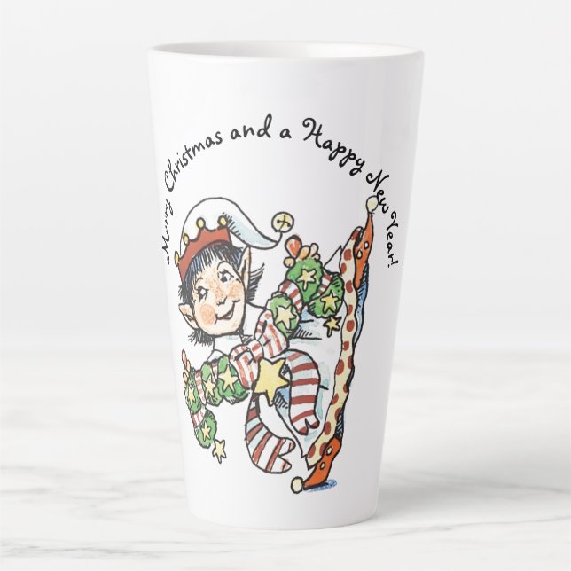 Cute Happy Elf Dancing, Retro Christmas Cartoon Latte Mug (Front)