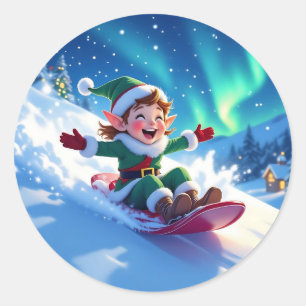 Cute Happy Elf Sledding Christmas Classic Round Sticker