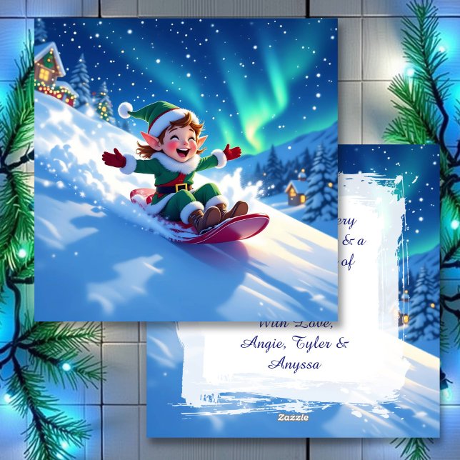 Cute Happy Elf Sledding | Personalized Christmas Holiday Card (Creator Uploaded)