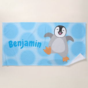 Cute happy emperor penguin chick cartoon beach towel