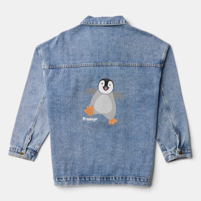 Cute happy emperor penguin chick cartoon denim jacket (Back)