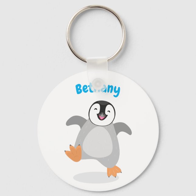 Cute happy emperor penguin chick cartoon key ring (Front)