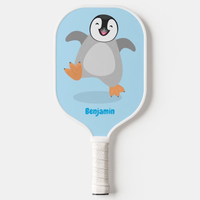 Cute happy emperor penguin chick cartoon  pickleball paddle (Front)