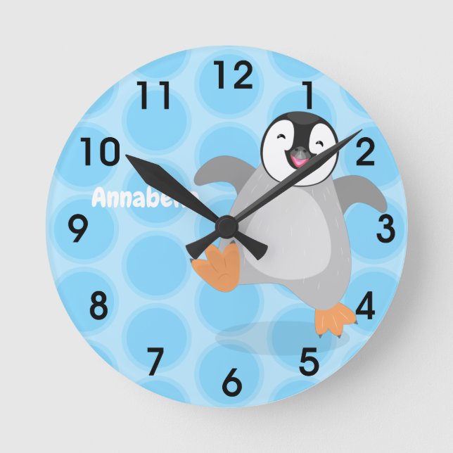 Cute happy emperor penguin chick cartoon round clock (Front)