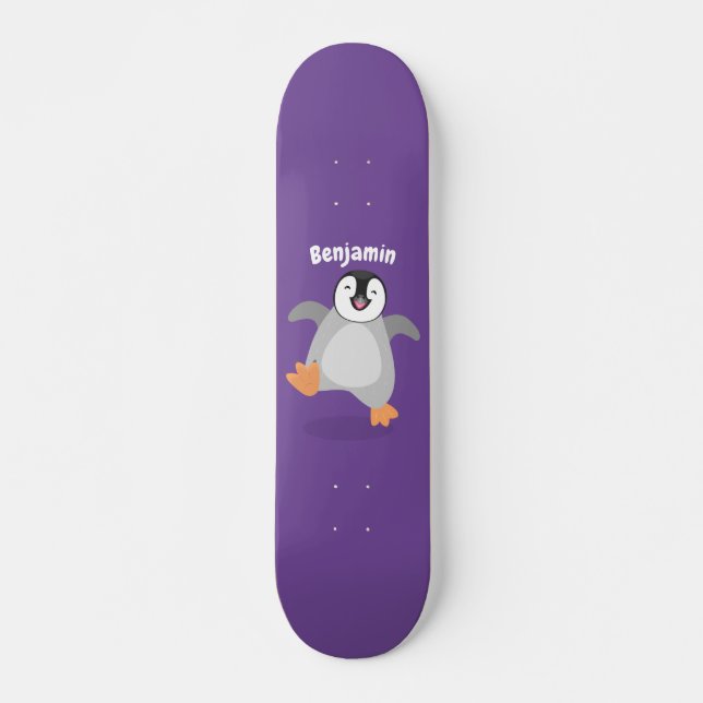 Cute happy emperor penguin chick cartoon skateboard (Front)