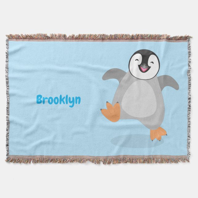 Cute happy emperor penguin chick cartoon throw blanket (Front)