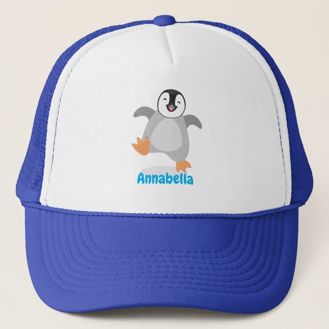 Cute happy emperor penguin chick cartoon trucker hat (Front)