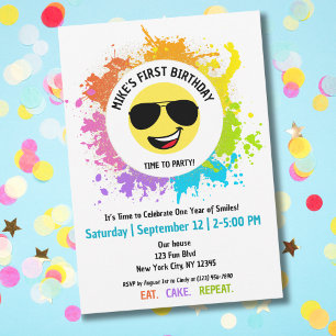 Cute Happy Face,Aviator Glasses,Fun First Birthday Invitation