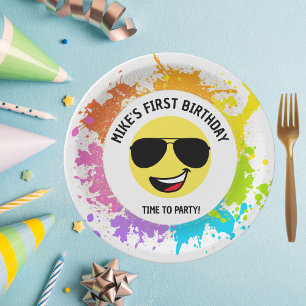 Cute Happy Face,Aviator Glasses,Fun First Birthday Paper Plate