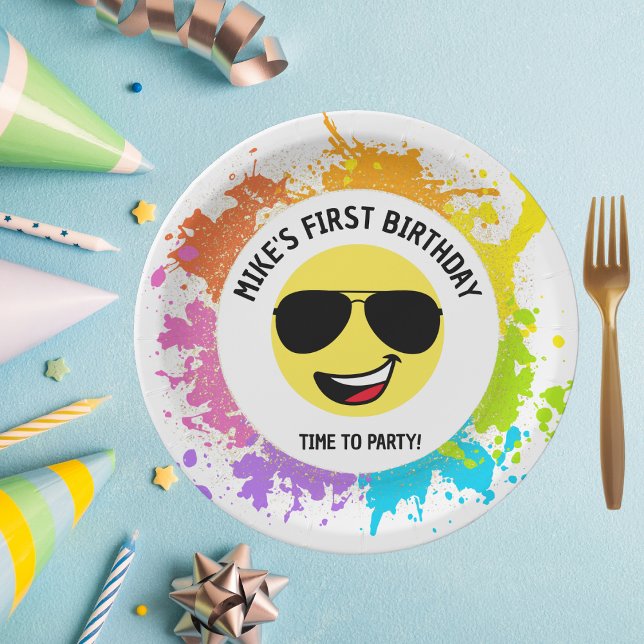 Cute Happy Face,Aviator Glasses,Fun First Birthday Paper Plate (Creator Uploaded)