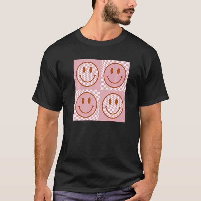 Cute Happy Face Chequered Pattern Pink Smile Face  T-Shirt (Front)