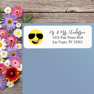 Cute, happy face, cool, fun black aviator glasses return address label